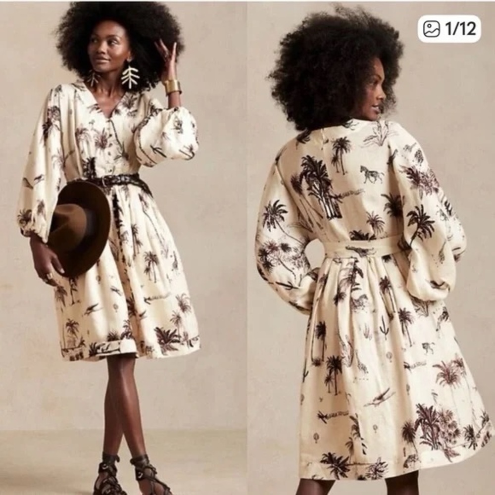 Banana Republic Linen Safari Print Dress XS Belted